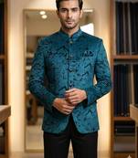 Peacock blue velvet jodhpuri for men | premium designer bandhgala ethnic wear