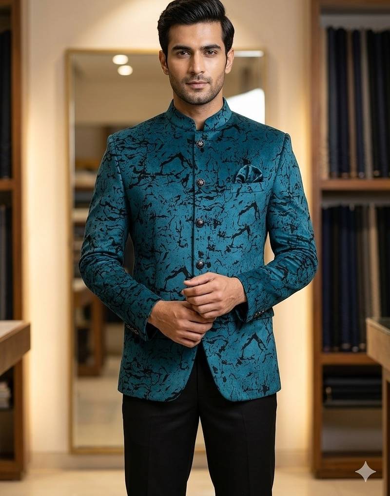 Peacock blue velvet jodhpuri for men | premium designer bandhgala ethnic wear
