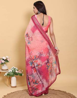 pink colour Ready to wear elegant print linen cotton saree with jacquard border & unstitched blouse 3