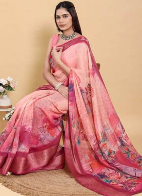 pink colour Ready to wear elegant print linen cotton saree with jacquard border & unstitched blouse 4