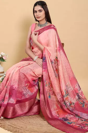 pink colour Ready to wear elegant print linen cotton saree with jacquard border & unstitched blouse