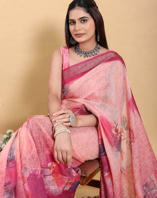 pink colour Ready to wear elegant print linen cotton saree with jacquard border & unstitched blouse 5