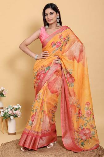 orange colour Ready to wear elegant print linen cotton saree with jacquard border & unstitched blouse