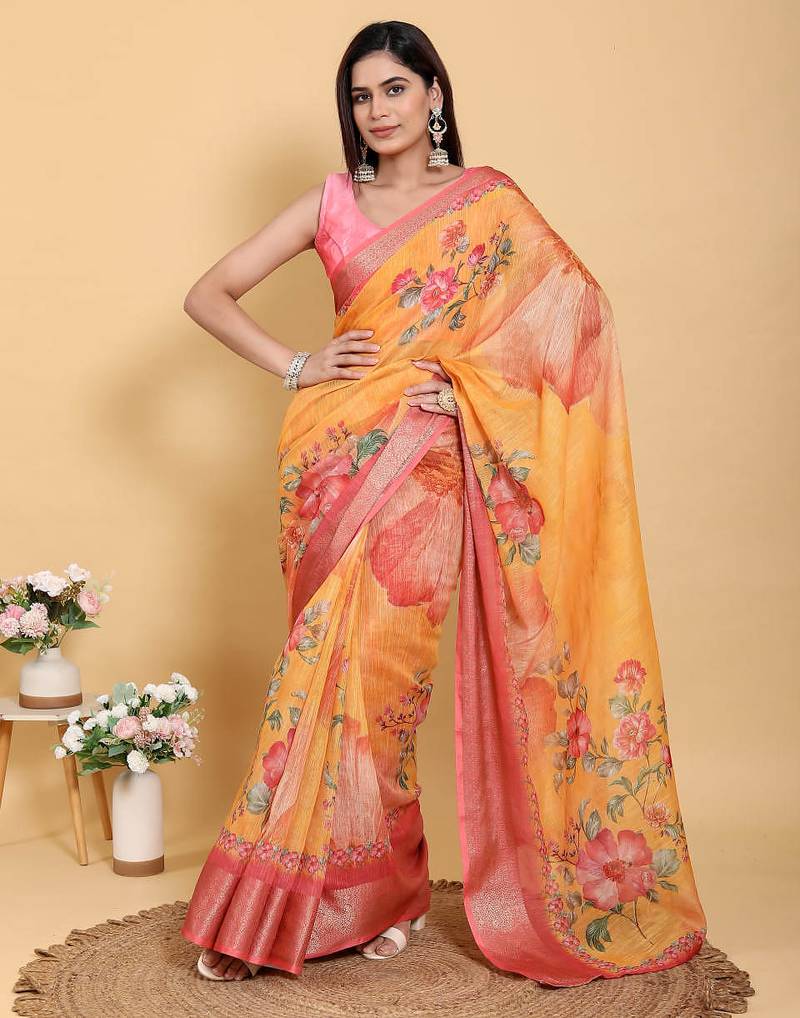 orange colour Ready to wear elegant print linen cotton saree with jacquard border & unstitched blouse