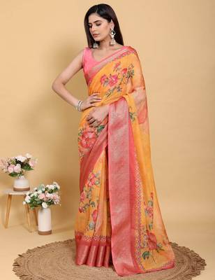 orange colour Ready to wear elegant print linen cotton saree with jacquard border & unstitched blouse 2