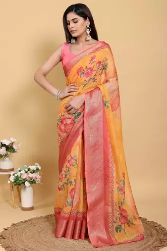 orange colour Ready to wear elegant print linen cotton saree with jacquard border & unstitched blouse