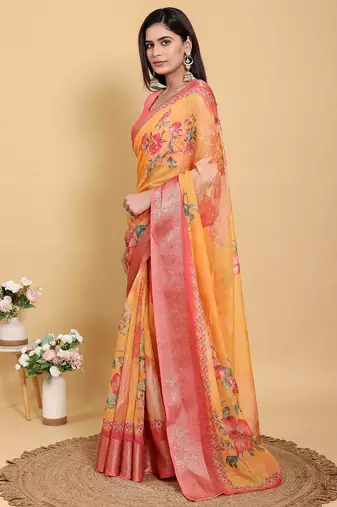 orange colour Ready to wear elegant print linen cotton saree with jacquard border & unstitched blouse