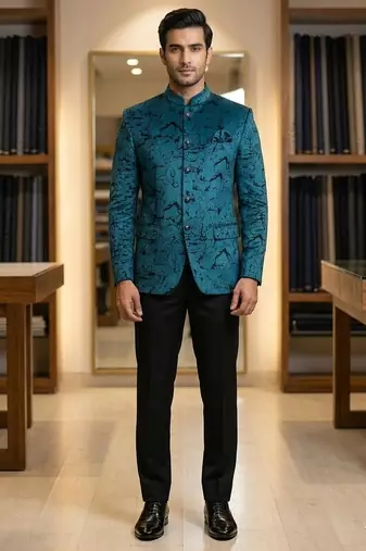 Peacock blue velvet jodhpuri for men | premium designer bandhgala ethnic wear