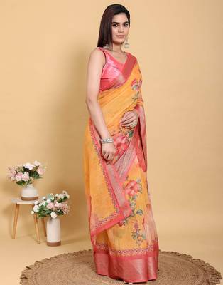 orange colour Ready to wear elegant print linen cotton saree with jacquard border & unstitched blouse 4