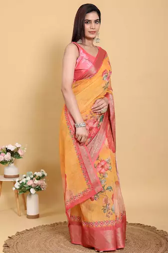 orange colour Ready to wear elegant print linen cotton saree with jacquard border & unstitched blouse