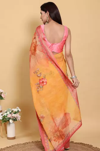 orange colour Ready to wear elegant print linen cotton saree with jacquard border & unstitched blouse