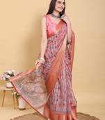 pink colour Ready to wear elegant print linen cotton saree with jacquard border & unstitched blouse