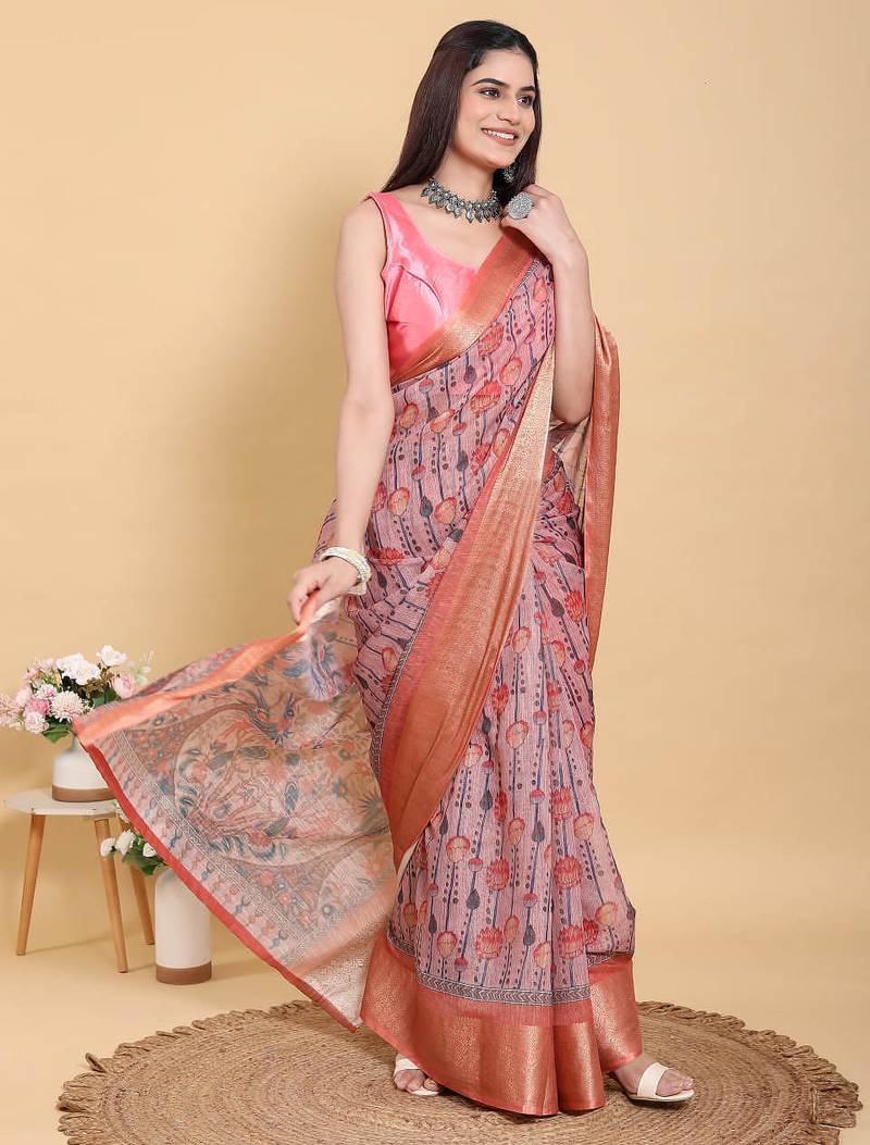pink colour Ready to wear elegant print linen cotton saree with jacquard border & unstitched blouse