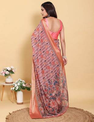 pink colour Ready to wear elegant print linen cotton saree with jacquard border & unstitched blouse 2
