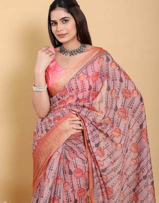 pink colour Ready to wear elegant print linen cotton saree with jacquard border & unstitched blouse 3