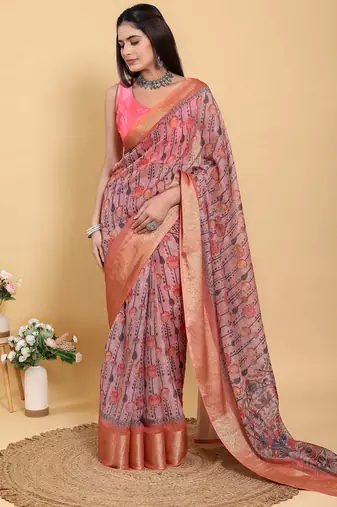 pink colour Ready to wear elegant print linen cotton saree with jacquard border & unstitched blouse