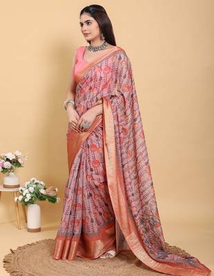 pink colour Ready to wear elegant print linen cotton saree with jacquard border & unstitched blouse 5