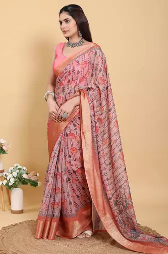 pink colour Ready to wear elegant print linen cotton saree with jacquard border & unstitched blouse