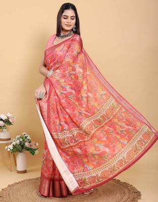coral colour Ready to wear elegant print linen cotton saree with jacquard border & unstitched blouse 1