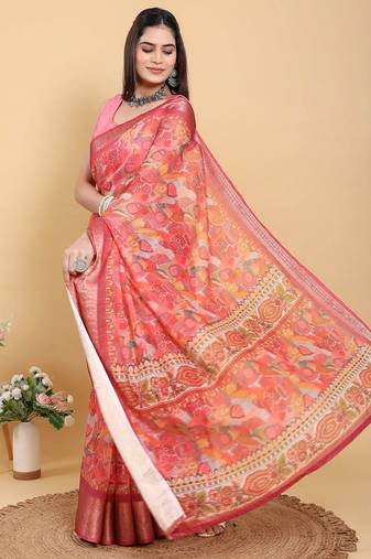 coral colour Ready to wear elegant print linen cotton saree with jacquard border & unstitched blouse
