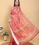 coral colour Ready to wear elegant print linen cotton saree with jacquard border & unstitched blouse