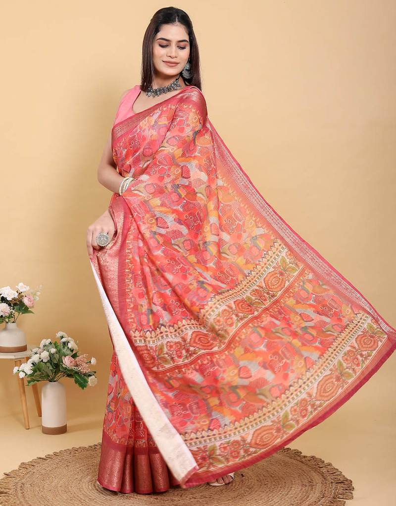 coral colour Ready to wear elegant print linen cotton saree with jacquard border & unstitched blouse