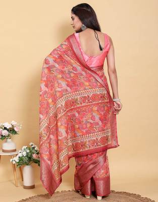coral colour Ready to wear elegant print linen cotton saree with jacquard border & unstitched blouse 2