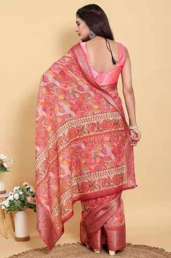 coral colour Ready to wear elegant print linen cotton saree with jacquard border & unstitched blouse