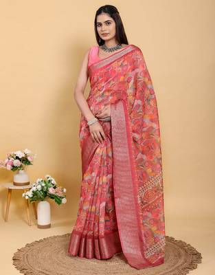 coral colour Ready to wear elegant print linen cotton saree with jacquard border & unstitched blouse 4