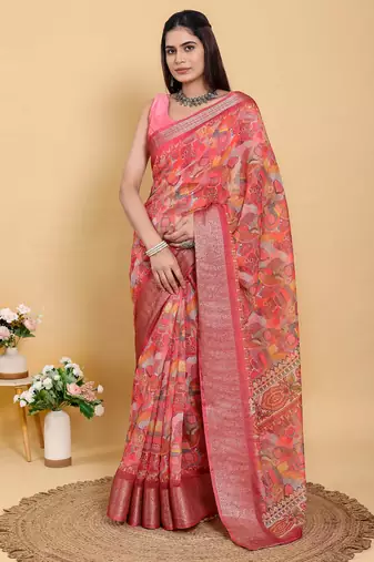 coral colour Ready to wear elegant print linen cotton saree with jacquard border & unstitched blouse