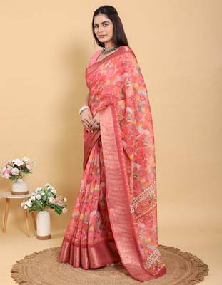 coral colour Ready to wear elegant print linen cotton saree with jacquard border & unstitched blouse 5