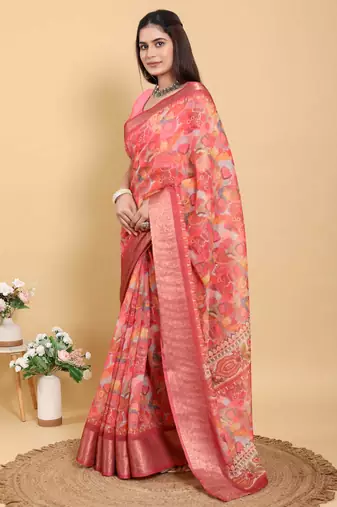 coral colour Ready to wear elegant print linen cotton saree with jacquard border & unstitched blouse