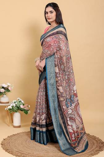 Ready to wear elegant print linen cotton saree with jacquard border & unstitched blouse