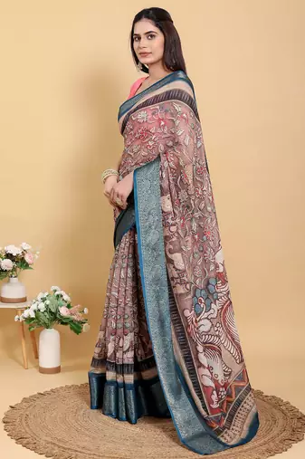 Ready to wear elegant print linen cotton saree with jacquard border & unstitched blouse