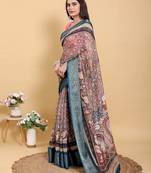 Ready to wear elegant print linen cotton saree with jacquard border & unstitched blouse