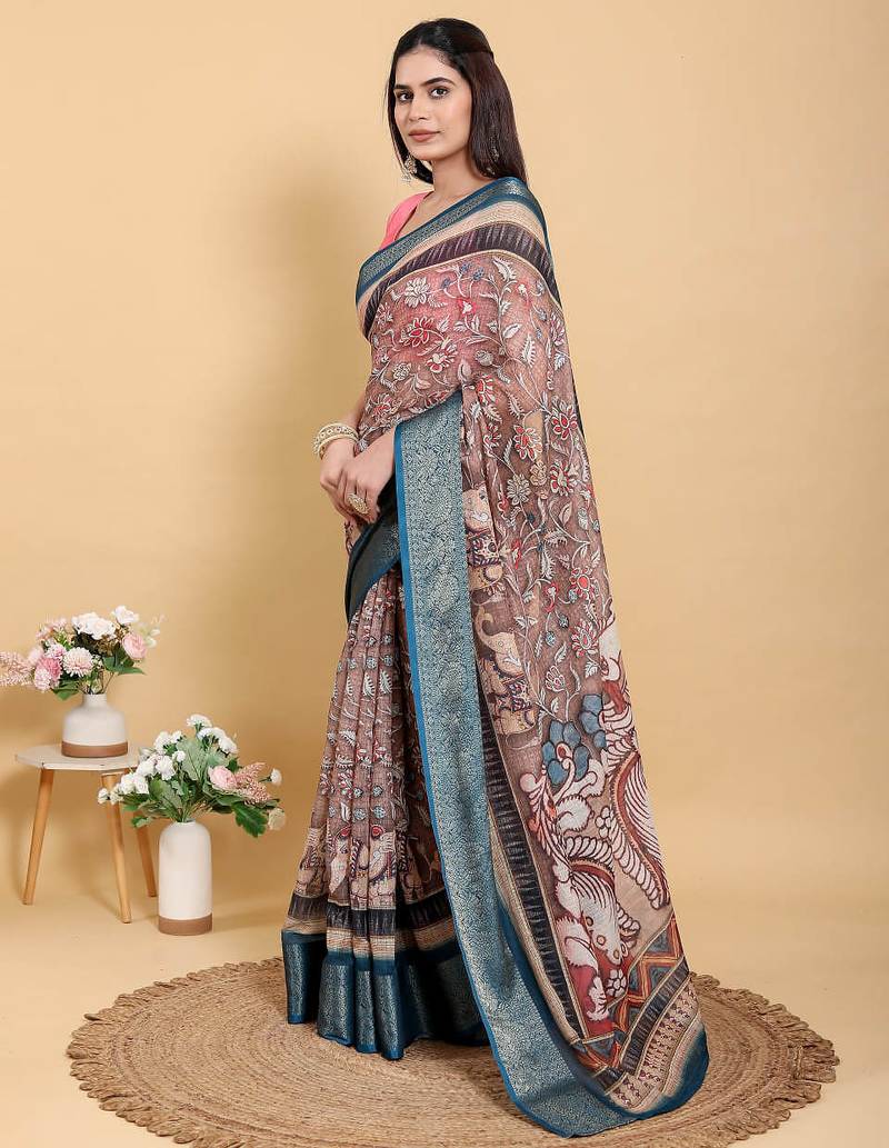 Ready to wear elegant print linen cotton saree with jacquard border & unstitched blouse