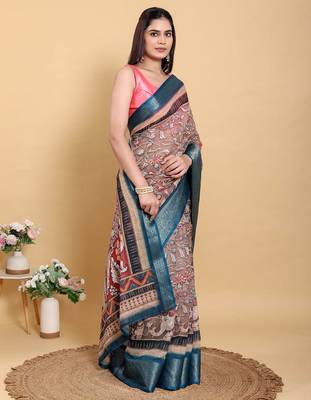 Ready to wear elegant print linen cotton saree with jacquard border & unstitched blouse 2