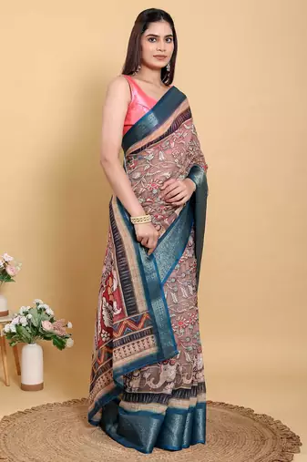 Ready to wear elegant print linen cotton saree with jacquard border & unstitched blouse