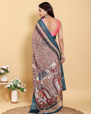 Ready to wear elegant print linen cotton saree with jacquard border & unstitched blouse 3