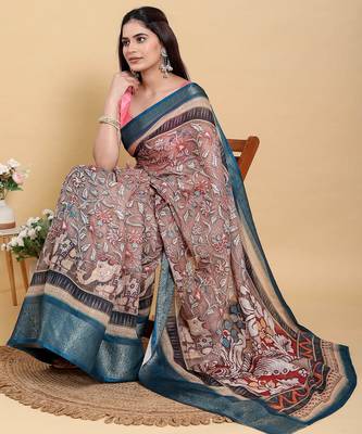 Ready to wear elegant print linen cotton saree with jacquard border & unstitched blouse 4