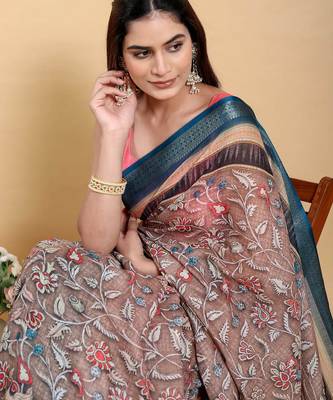 Ready to wear elegant print linen cotton saree with jacquard border & unstitched blouse 5