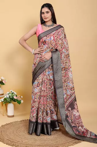 multicolour Ready to wear elegant print linen cotton saree with jacquard border & unstitched blouse