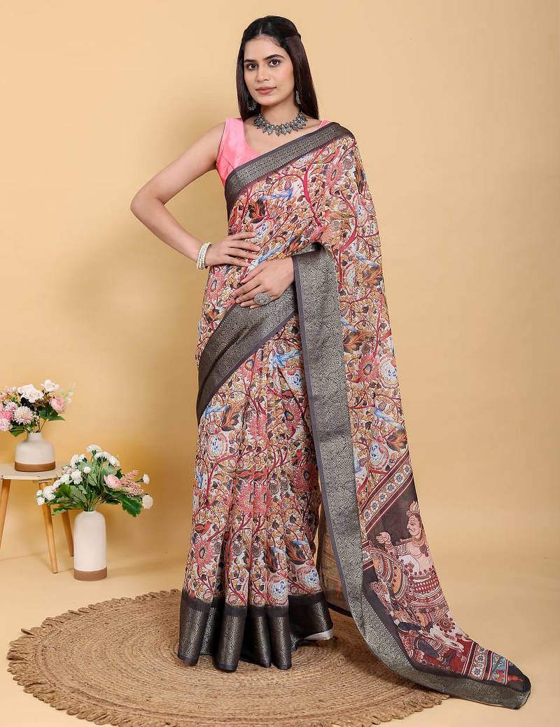 multicolour Ready to wear elegant print linen cotton saree with jacquard border & unstitched blouse