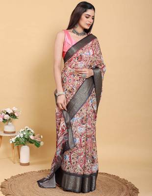multicolour Ready to wear elegant print linen cotton saree with jacquard border & unstitched blouse 2