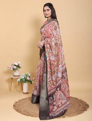 multicolour Ready to wear elegant print linen cotton saree with jacquard border & unstitched blouse 3