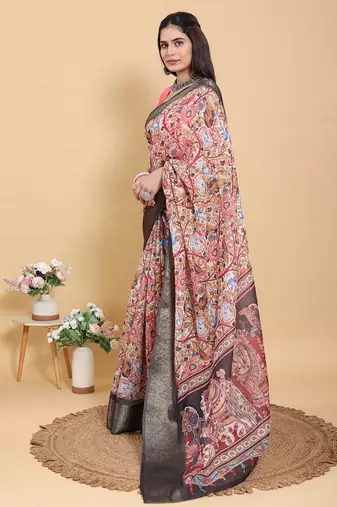 multicolour Ready to wear elegant print linen cotton saree with jacquard border & unstitched blouse
