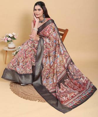 multicolour Ready to wear elegant print linen cotton saree with jacquard border & unstitched blouse 4