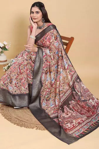multicolour Ready to wear elegant print linen cotton saree with jacquard border & unstitched blouse
