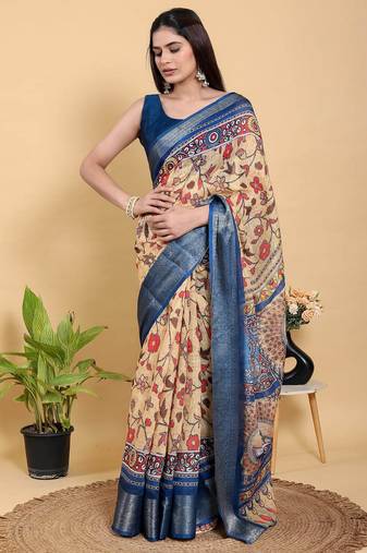 peach colour Ready to wear elegant print linen cotton saree with jacquard border & unstitched blouse