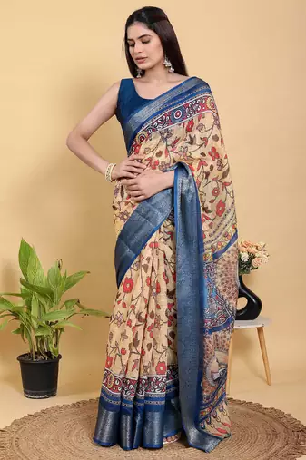 peach colour Ready to wear elegant print linen cotton saree with jacquard border & unstitched blouse